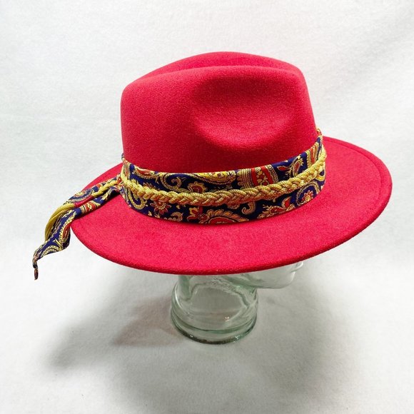 Custom Red Fedora with Gold Braid & Paisley Scarf Detail NWT main image 9